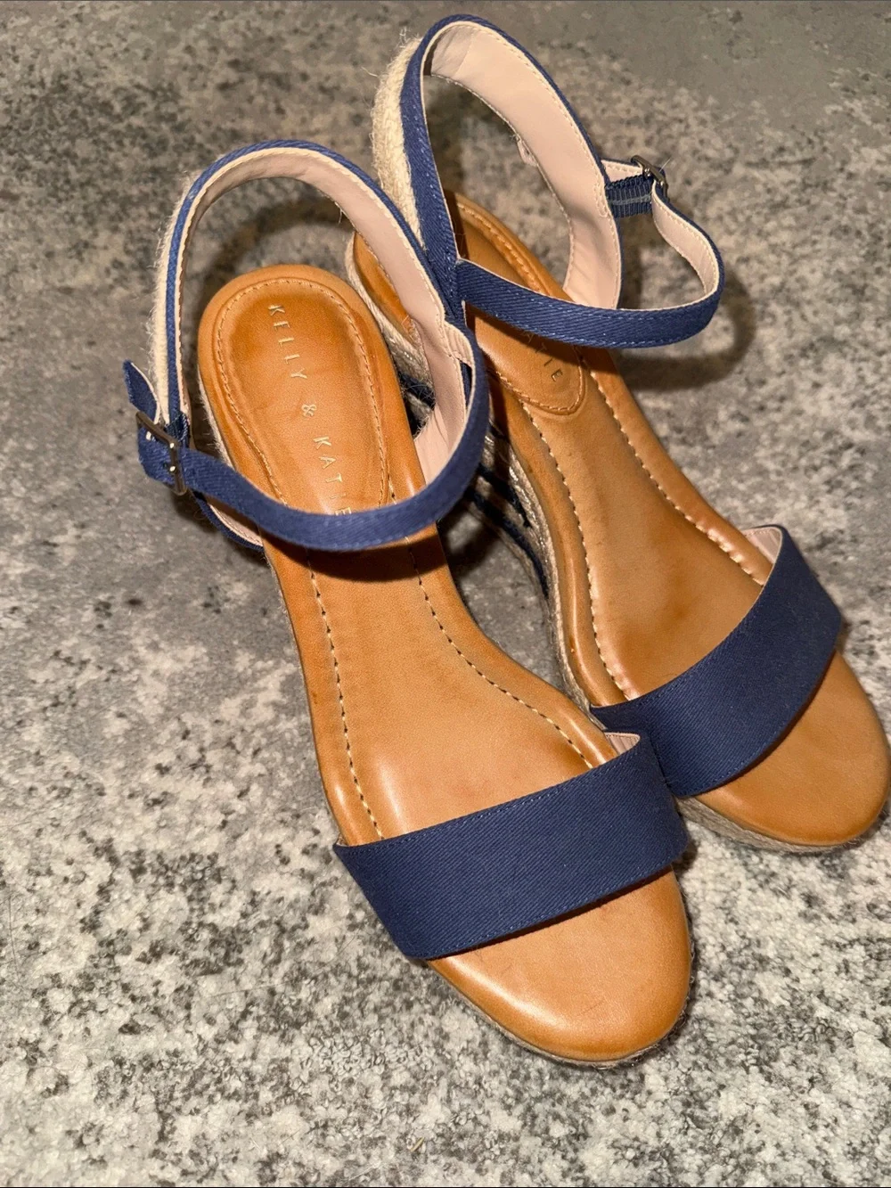 Excellent condition Kelly & Katie Navy and Tan Espadrille Wedge Sandals 9.5